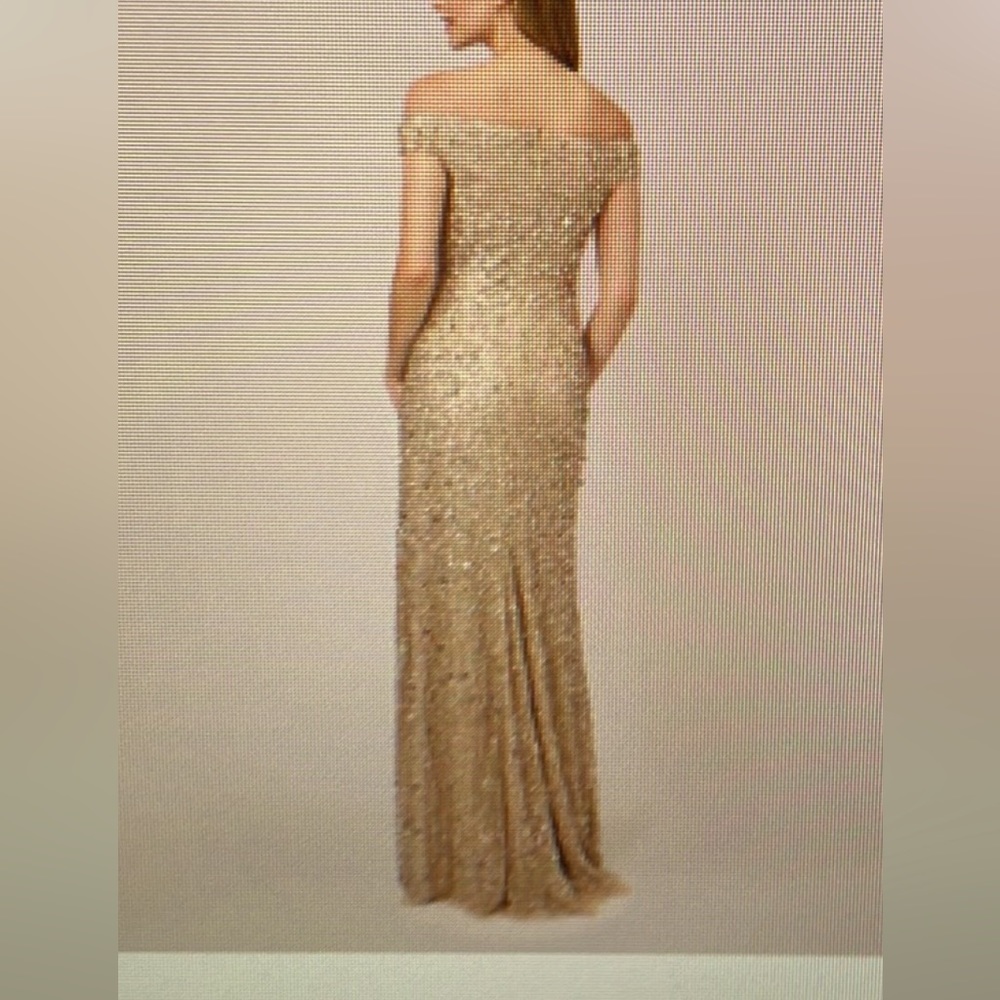 Off the shoulder beaded Adrianna Papell gown in Champagne. Size 10
